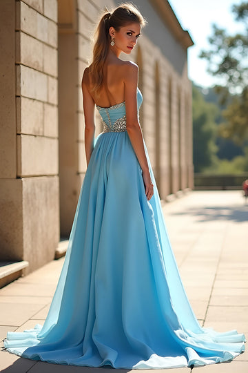 Bleu scintillant Une ligne Sweetheart Perlé Robe Longue de Bal Avec Fente